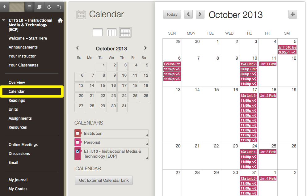 course calendar