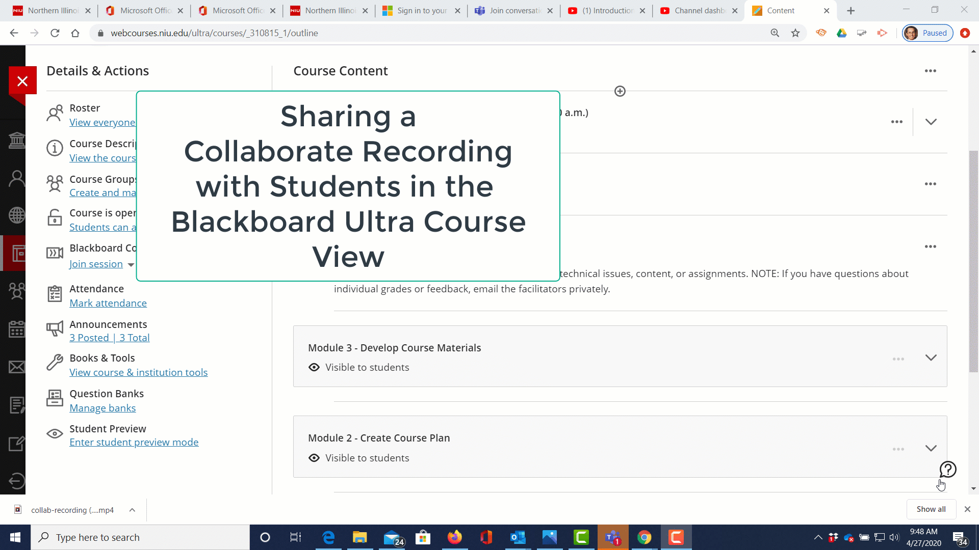 Visual tutorial of instructions for how to share a Blackboard Collaborate recording in an Ultra View Course
