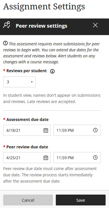 screenshot of Peer Review settings on an Assignment in Blackboard Ultra Course View