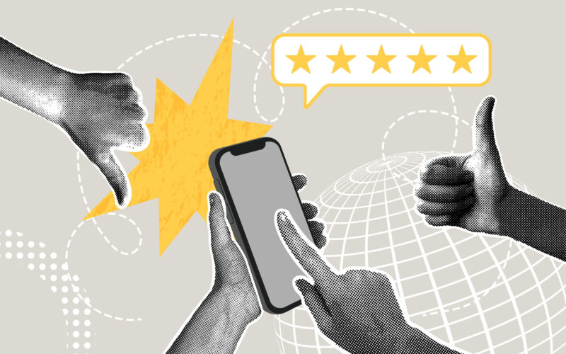 Hand with thumb down, hand with thumb up, two hands holding and pressing screen of smartphone with speech bubble showing five stars.