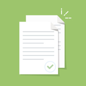 Documents icon. Stack of paper sheets with check mark in lower corner of top page