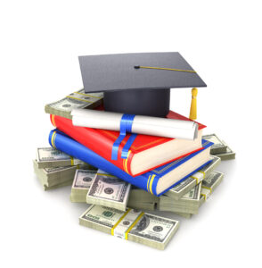 graduate's cap with a diploma and books on a bundle of dollar bills
