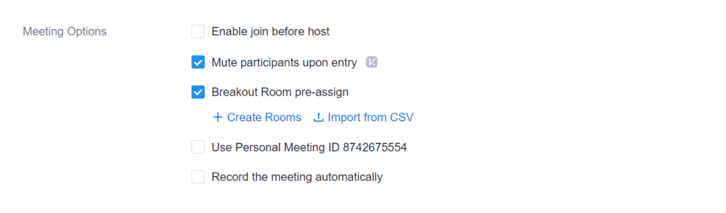 screenshot of Blackboard Zoom meeting settings with breakout room preassign highlighted
