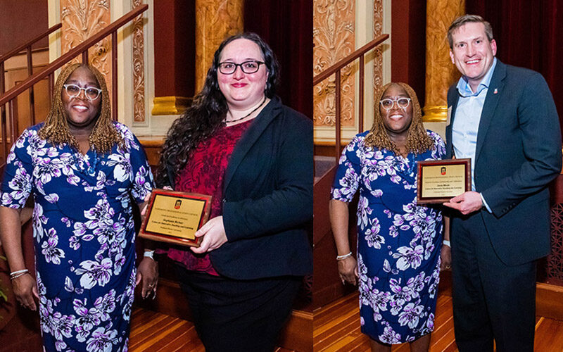 Stephanie Richter and Jason Rhode accept awards from SPSC President Felicia Bohanon