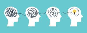 Series of brains with tangled knot that gradually becomes untangled and turns into a lightbulb