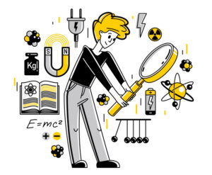 Physicist working on some theoretical physics or making an experiment vector outline illustration, or student studying physics in university, education teacher.