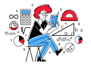 Mathematician working on some theoretical mathematics vector outline illustration, studying math in university, student learning or teacher explaining.