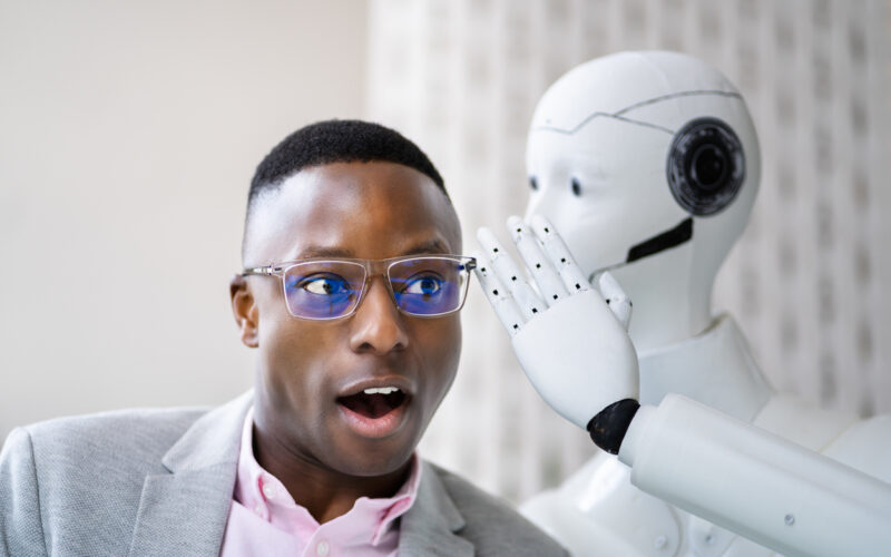 AI Cyborg Robot Whispering in Man's Ear