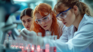 Three women in science lab conducting experiment