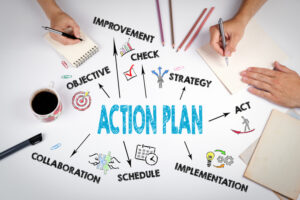 Action Plan Concept on a white table: Improvement, Check, Strategy, Act, Implementation, Schedule, Collaboration, Objective