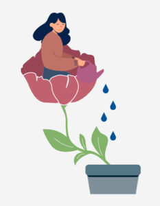 A happy woman sits in a flower and waters it. 