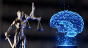 Hologram of the Brain and Statue of Goddess Themis. 
