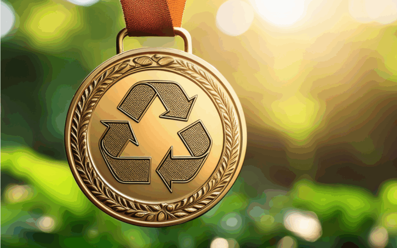 Gold medal with recycle symbol and nature background