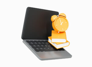 3D Computer laptop with books and alarm clock. 