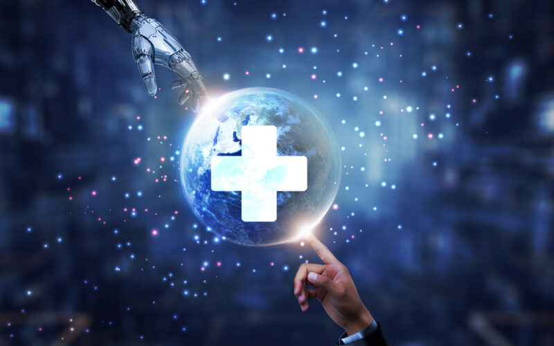 Hands of robot and human touching on Health Care icon