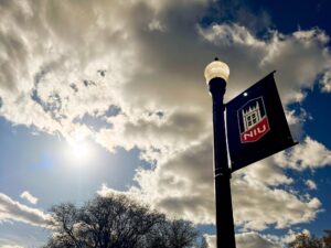 NIU flat on lightpole with sky and clouds in background