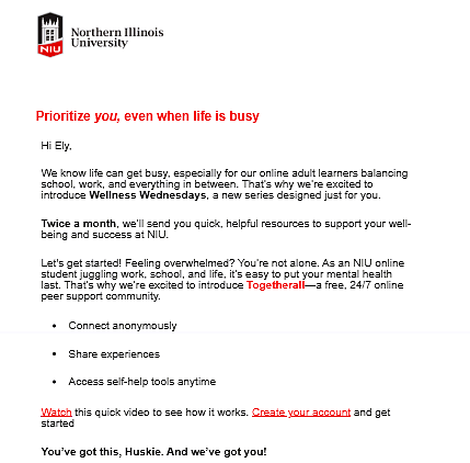 Wellness Wednesdays sample email to student. 