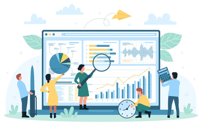 Data monitoring and analysis on desktop, tiny people with magnifying glass research graph