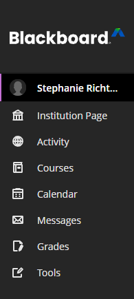 New base navigation menu with user name at top and institution below. It shows a cleaner look with less spacing between items.