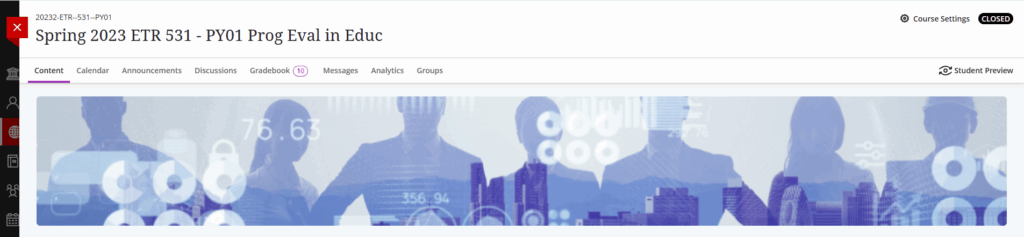 Screen shot of the old course banner and course title. The course name and number appear at the top. The coure page menu is below the title and the course banner appears below the menu. 