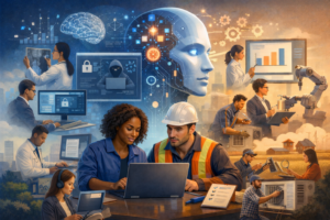 Digital illustration depicting a diverse range of professionals using AI tools across industries. In the center foreground, a woman and a construction worker sit at a table collaborating over an open laptop with a blank screen. Around them are vignettes of other workers: a doctor reviewing medical scans, a cybersecurity analyst monitoring secure systems, an office professional analyzing data, a financial worker examining charts, a translator wearing a headset while reading from a tablet, a writer working on a digital document, an electrician using tools, an HVAC technician servicing an outdoor unit, an agricultural manager inspecting crops near wind turbines, and a teacher engaging with digital materials. Above them, a large translucent AI head with glowing circuitry and floating tech icons (gears, cloud symbols, network nodes) symbolizes artificial intelligence integrated across fields. The background blends a city skyline with rural farmland, reinforcing cross-industry application.