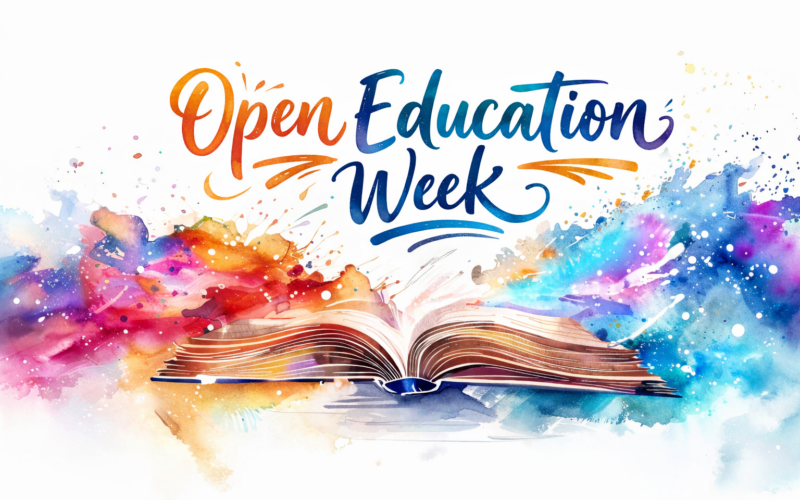 Colorful watercolor illustration of an open book centered on a white background, with vibrant splashes of red, orange, pink, blue, and teal paint flowing outward from the pages. Above the book, the words “Open Education Week” appear in a large, whimsical yet clear brush-style font with a blue-to-orange gradient, arched slightly over the book.