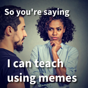 A skeptical-looking woman with her hand on her chin faces a bearded man in profile. White overlay text reads, “So you’re saying I can teach using memes.”