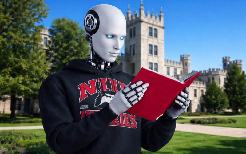 A humanoid robot with white and black mechanical features and glowing blue eyes stands outdoors on a sunny day, reading a bright red book. The robot is wearing a black NIU Huskies sweatshirt with red lettering and a husky logo on the front. Behind the robot is a large stone academic building with castle-like towers and arched windows, set on a green lawn with trees under a clear blue sky.