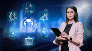 A professionally dressed woman stands against a blue, technology-themed background, holding a black tablet and looking at the camera. She wears a light pink blazer over a dark top and a smartwatch on her wrist. Surrounding her are glowing hexagonal icons representing science and education concepts, including DNA strands, laboratory glassware, mathematical tools, an atom symbol, a laptop with a graduation cap, and an AI head silhouette. In the center, a university emblem with a globe and laurel wreath appears, suggesting higher education and technology integration. The background features faint binary code and abstract scientific graphics, reinforcing themes of digital learning, artificial intelligence, and STEM education.