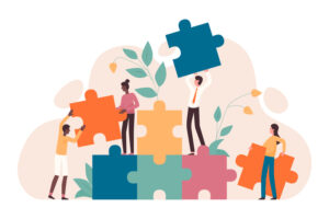 Teamwork and startup concept in flat vector with a giant puzzle, symbolizing collaboration and partnership. Includes team building, project management, group motivation, and brainstorming.