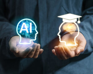 Human hand holding AI and human brain digital hologram with education and technology concept for innovation, deep learning, and knowledge transfer.