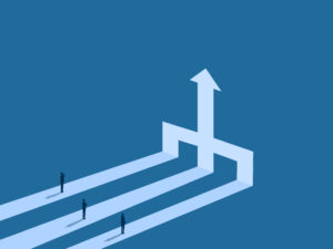 Three different paths with a person on each one, all lead to the same destination