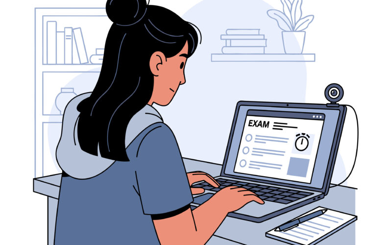 Young woman taking an online exam on a laptop with a webcam.