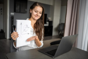 A woman holds up a notebook with hand-drawn graphs and diagrams while explaining them during an online meeting on her laptop.
