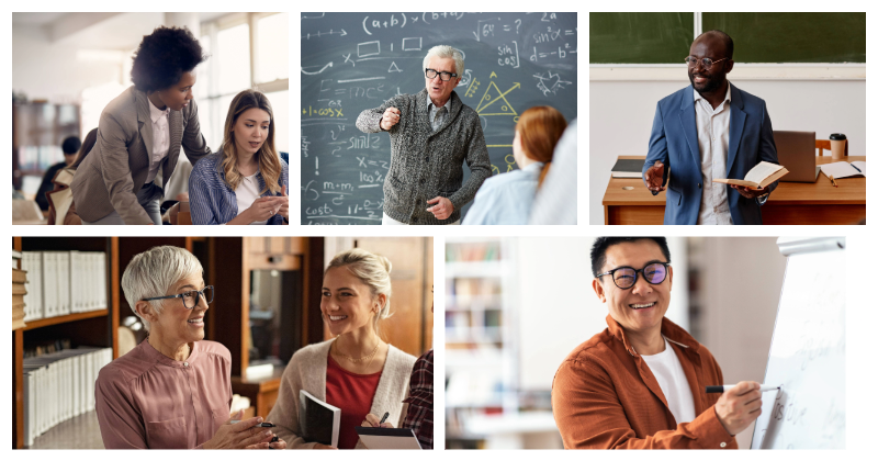 A collage of educators in different teaching settings: a teacher assisting a student with a tablet in a classroom; a professor explaining math concepts at a chalkboard; a lecturer holding a book while speaking; two educators conversing and smiling in a library; and an instructor writing on a whiteboard while smiling.