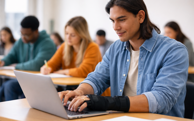 An American Indian college student wearing a wrist brace types on a laptop in a classroom while other students around him write by hand in notebooks.