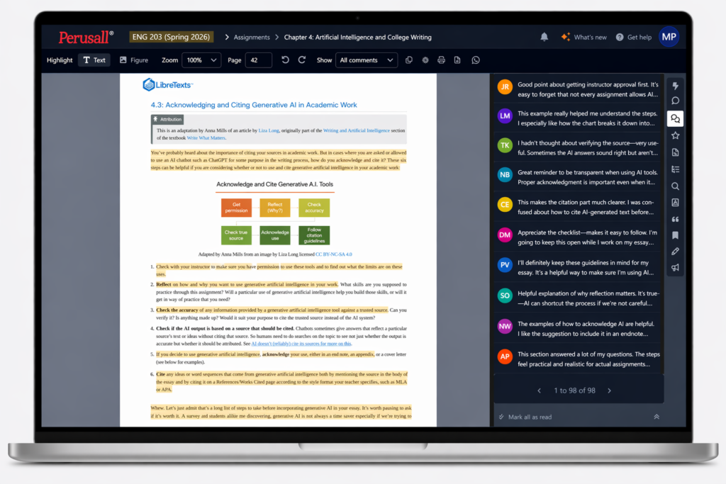 A silver laptop displays a Perusall reading interface with a document on citing generative AI on the left and a right-hand sidebar of color-coded annotation bubbles featuring student comments truncated with ellipses.